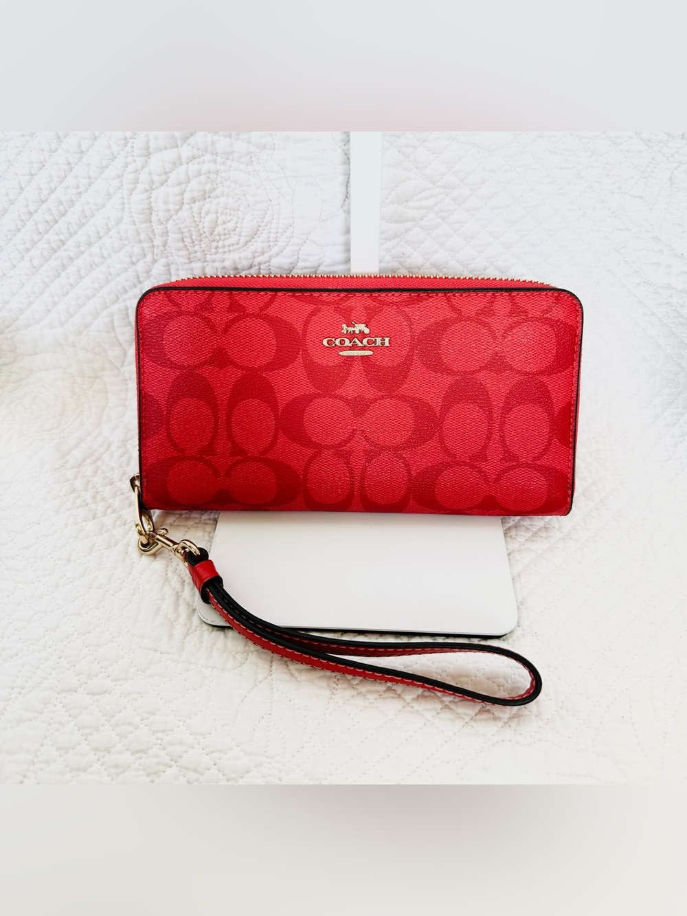 Coach Red Signature Zip Around Wristlet Wallet